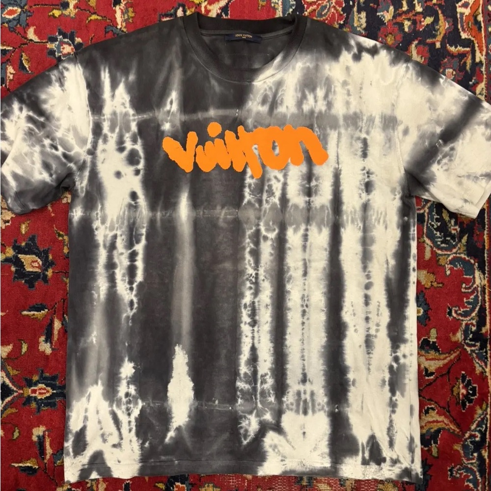 Louis Vuitton By Virgil Abloh Grey Tie-Dye Tee With Orange Graffiti Style Logo